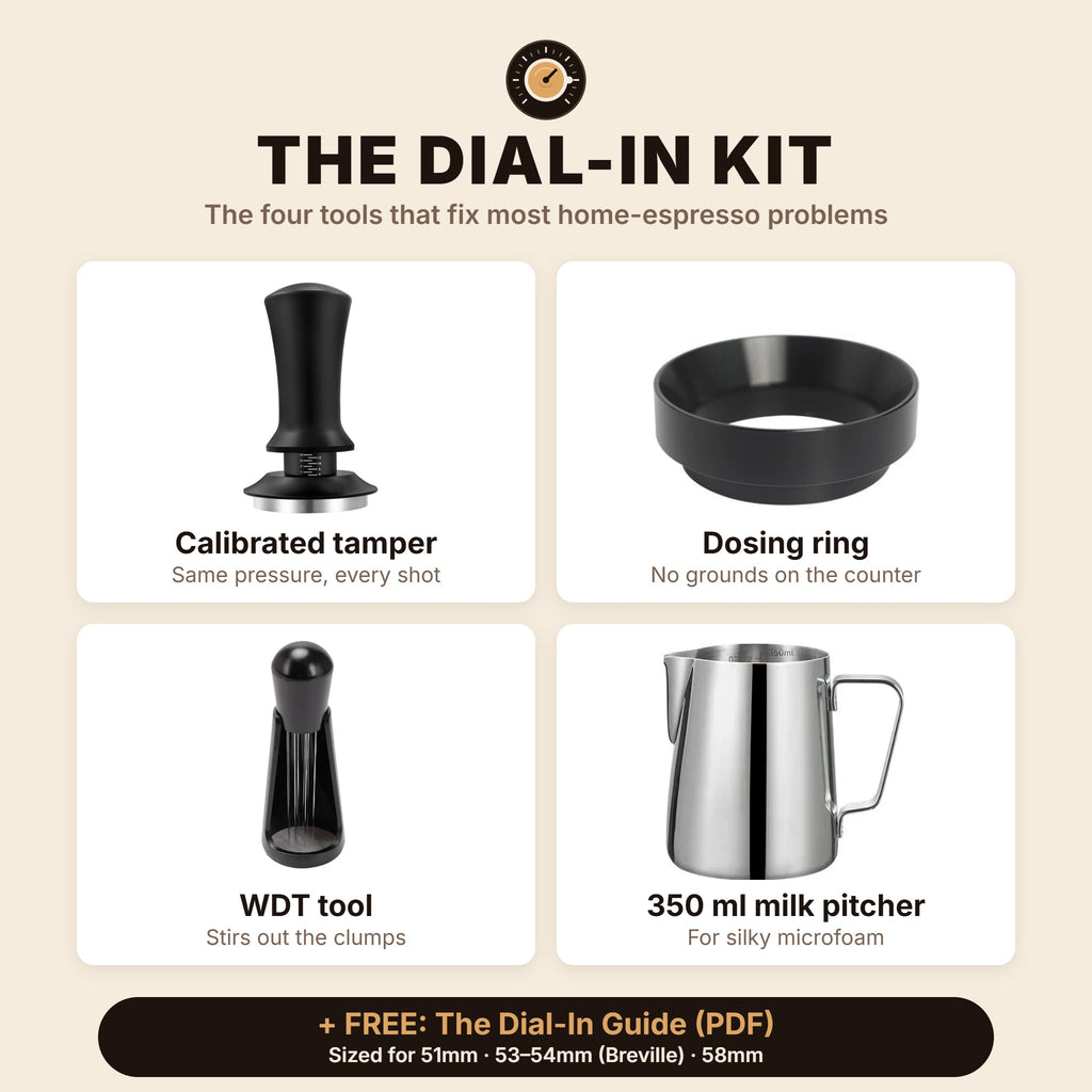 What's in The Dial-In Kit: calibrated tamper, dosing ring, WDT tool and 350 ml milk pitcher, plus the free Dial-In Guide
